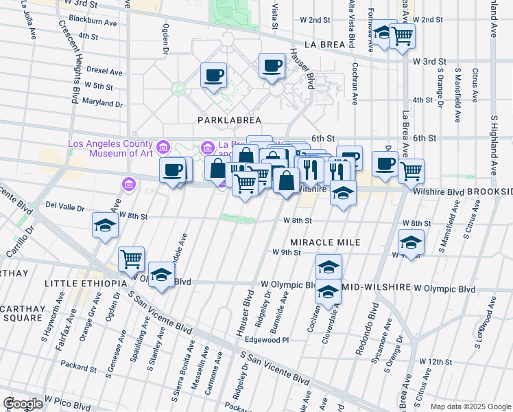 map of restaurants, bars, coffee shops, grocery stores, and more near 5700 Wilshire Boulevard in Los Angeles