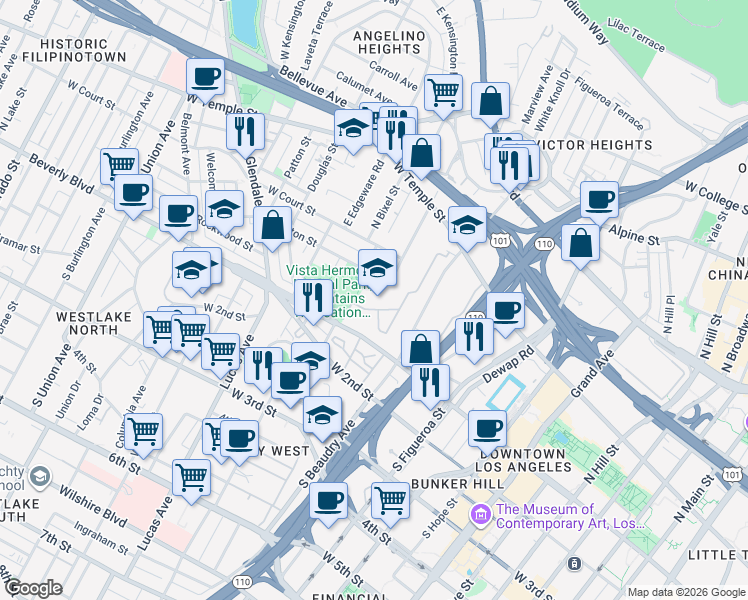 map of restaurants, bars, coffee shops, grocery stores, and more near 1200 Colton Street in Los Angeles