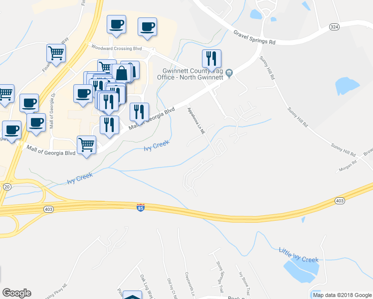 map of restaurants, bars, coffee shops, grocery stores, and more near 1809 Appaloosa Mill Court Northeast in Buford
