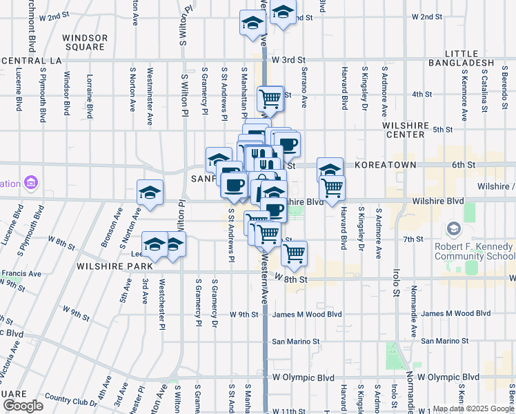 map of restaurants, bars, coffee shops, grocery stores, and more near 621 South Western Avenue in Los Angeles