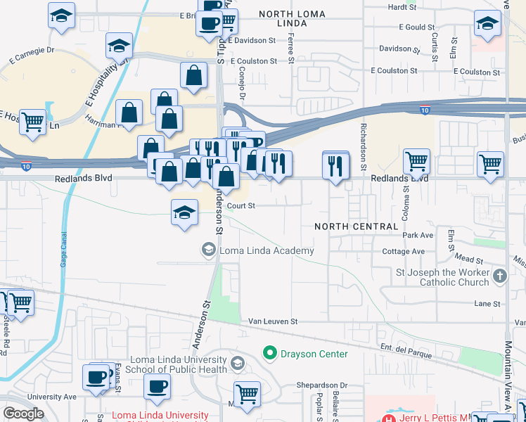 map of restaurants, bars, coffee shops, grocery stores, and more near 25050 Court Street in Loma Linda