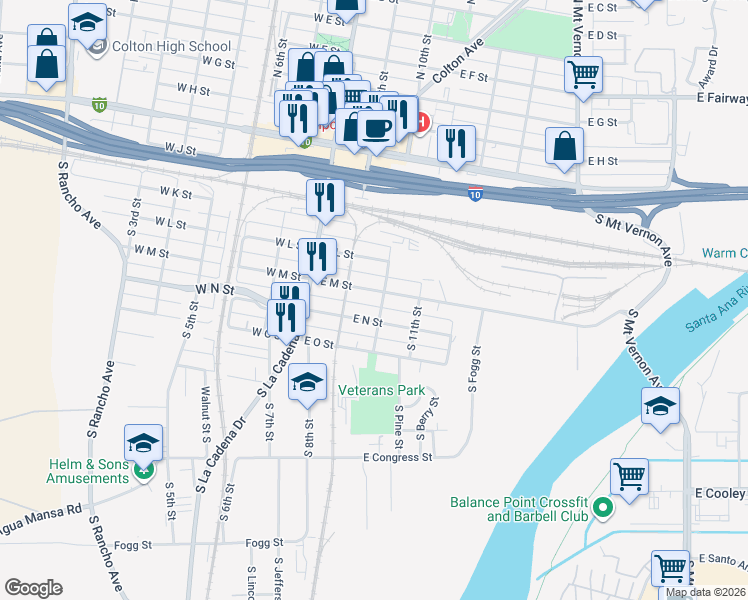 map of restaurants, bars, coffee shops, grocery stores, and more near 277 East M Street in Colton
