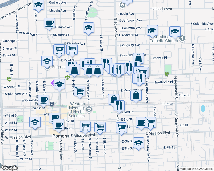 map of restaurants, bars, coffee shops, grocery stores, and more near 463 East Center Street in Pomona