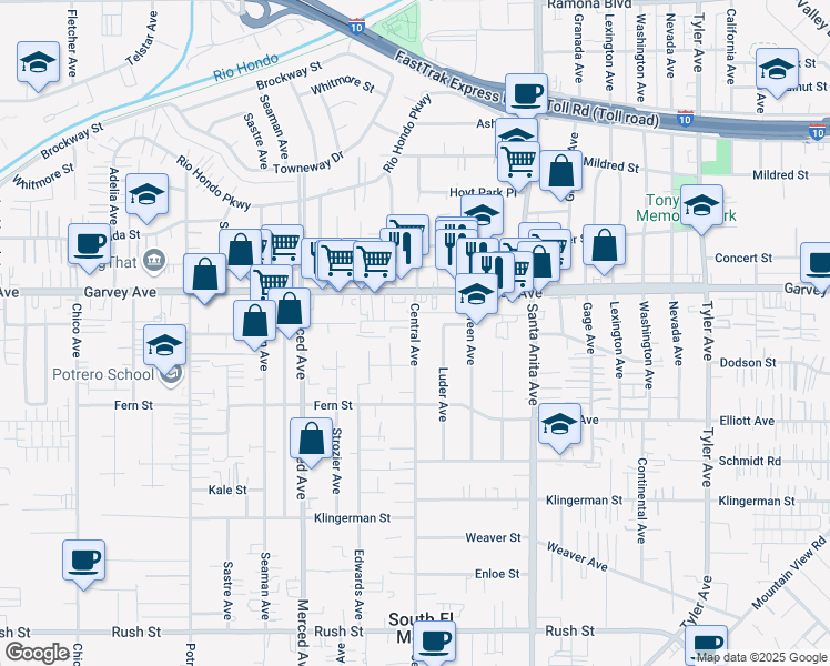 map of restaurants, bars, coffee shops, grocery stores, and more near 2745 Central Avenue in El Monte