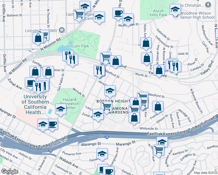 map of restaurants, bars, coffee shops, grocery stores, and more near 1632 Tremont Street in Los Angeles