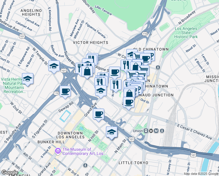map of restaurants, bars, coffee shops, grocery stores, and more near 659 North Grand Avenue in Los Angeles