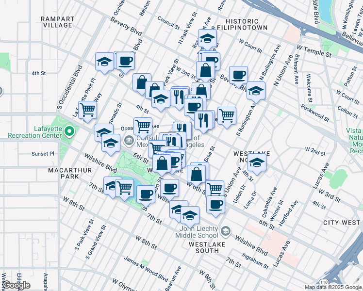 map of restaurants, bars, coffee shops, grocery stores, and more near in Los Angeles