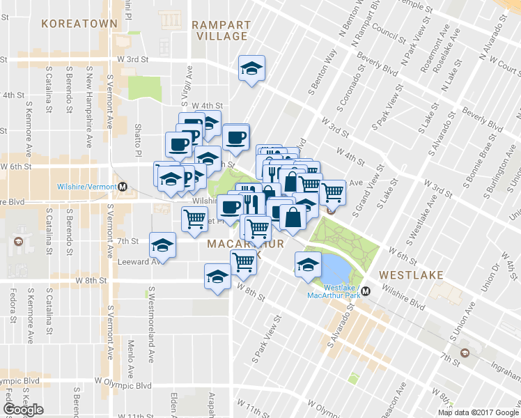 map of restaurants, bars, coffee shops, grocery stores, and more near 600 South La Fayette Park Place in Los Angeles