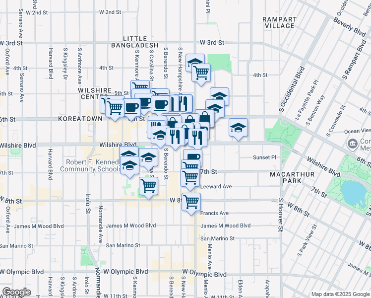 map of restaurants, bars, coffee shops, grocery stores, and more near 3200 Wilshire Boulevard in Los Angeles