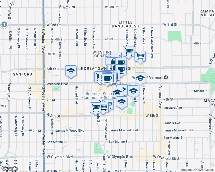 map of restaurants, bars, coffee shops, grocery stores, and more near 3440 Wilshire Boulevard in Los Angeles