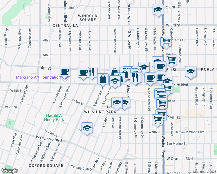 map of restaurants, bars, coffee shops, grocery stores, and more near 4101 Wilshire Boulevard in Los Angeles