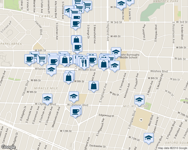 map of restaurants, bars, coffee shops, grocery stores, and more near 5106 Wilshire Boulevard in Los Angeles