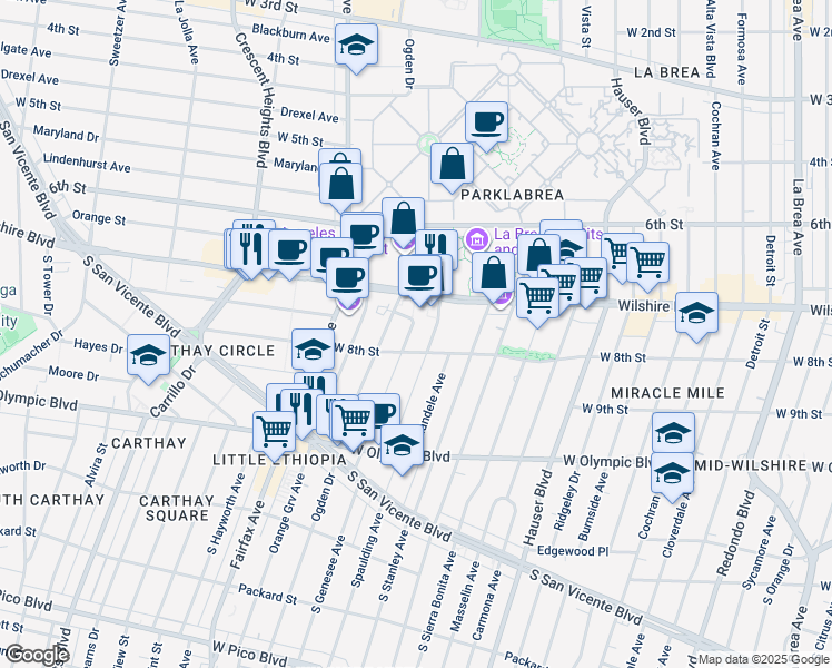 map of restaurants, bars, coffee shops, grocery stores, and more near 720 South Genesee Avenue in Los Angeles