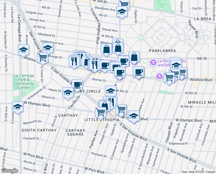 map of restaurants, bars, coffee shops, grocery stores, and more near 6132 San Diego Way in Los Angeles