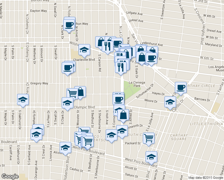 map of restaurants, bars, coffee shops, grocery stores, and more near 321s La Cienega Boulevard in Beverly Hills