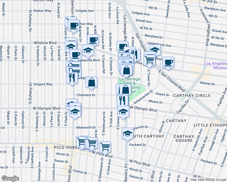 map of restaurants, bars, coffee shops, grocery stores, and more near 837 South Holt Avenue in Los Angeles