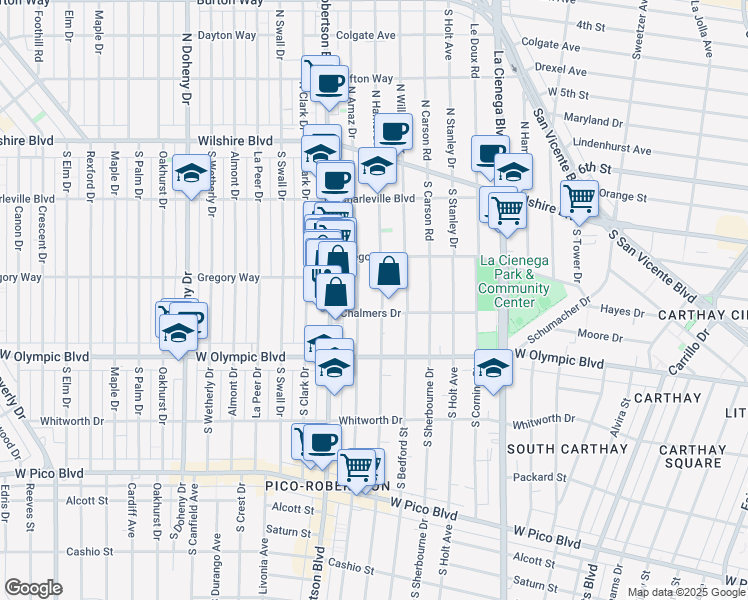 map of restaurants, bars, coffee shops, grocery stores, and more near 819 1/2 South Shenandoah Street in Los Angeles