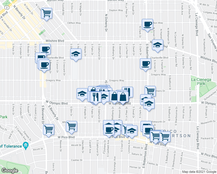 map of restaurants, bars, coffee shops, grocery stores, and more near 301 South Wetherly Drive in Beverly Hills