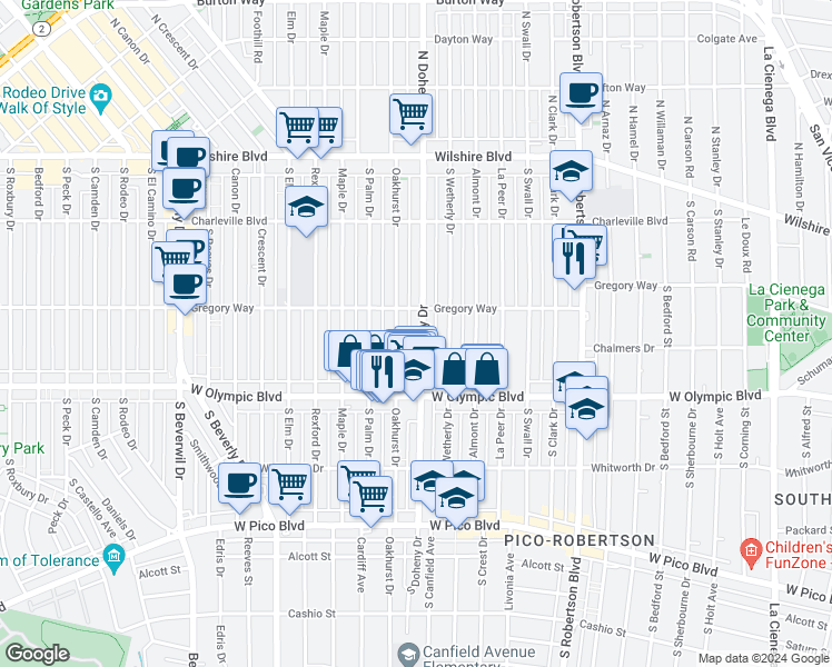 map of restaurants, bars, coffee shops, grocery stores, and more near 304 South Oakhurst Drive in Beverly Hills
