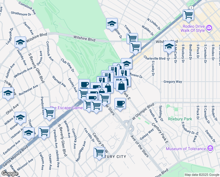 map of restaurants, bars, coffee shops, grocery stores, and more near 1801 Century Park East in Los Angeles