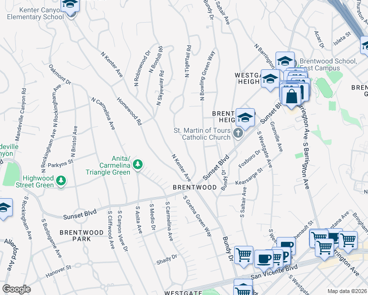 map of restaurants, bars, coffee shops, grocery stores, and more near 216 North Tigertail Road in Los Angeles