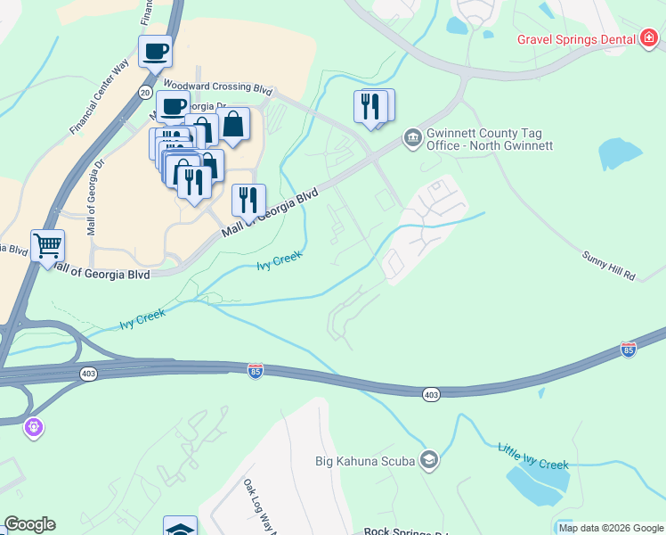 map of restaurants, bars, coffee shops, grocery stores, and more near 1809 Appaloosa Mill Court Northeast in Buford