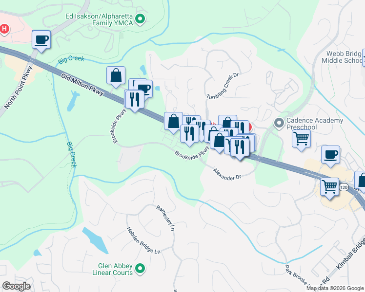 map of restaurants, bars, coffee shops, grocery stores, and more near 3855 Old Milton Parkway in Alpharetta