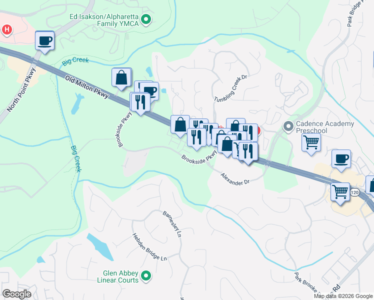 map of restaurants, bars, coffee shops, grocery stores, and more near 3750 Brookside Pkwy in Alpharetta