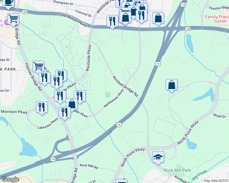 map of restaurants, bars, coffee shops, grocery stores, and more near 2650 Northwinds Parkway in Alpharetta