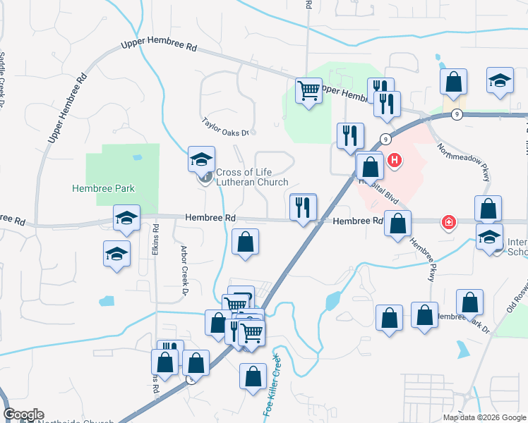 map of restaurants, bars, coffee shops, grocery stores, and more near 110 Hembree Forest Circle in Roswell