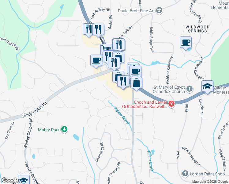 map of restaurants, bars, coffee shops, grocery stores, and more near 4609 Wickford Circle in Roswell