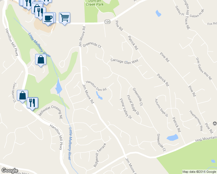 map of restaurants, bars, coffee shops, grocery stores, and more near 3700 Hamilton Dam Rd in Dacula