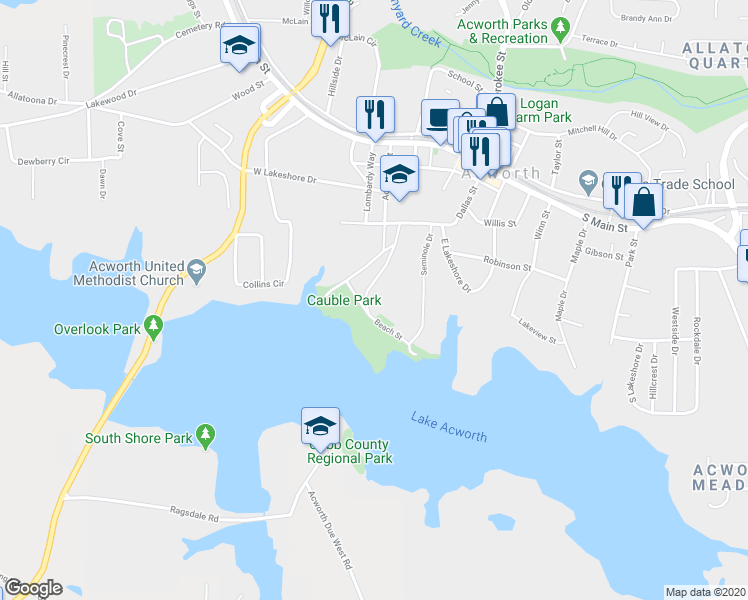 map of restaurants, bars, coffee shops, grocery stores, and more near 4378 Dallas Street in Acworth