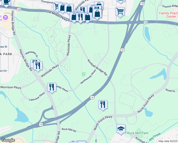 map of restaurants, bars, coffee shops, grocery stores, and more near 2650 Northwinds Parkway in Alpharetta