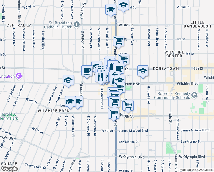 map of restaurants, bars, coffee shops, grocery stores, and more near 3855 Wilshire Boulevard in Los Angeles
