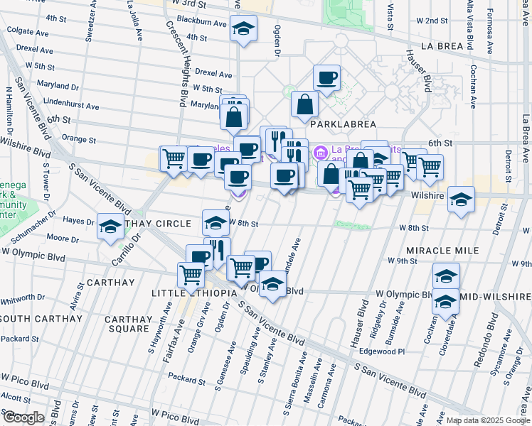map of restaurants, bars, coffee shops, grocery stores, and more near 738 South Ogden Drive in Los Angeles