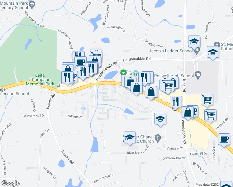 map of restaurants, bars, coffee shops, grocery stores, and more near 1701 Legacy Cove Drive in Roswell