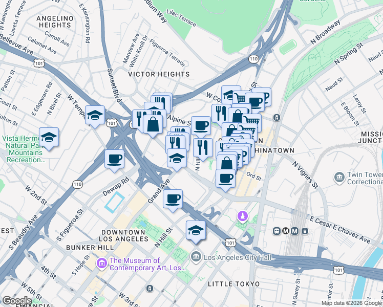 map of restaurants, bars, coffee shops, grocery stores, and more near 630 North Grand Avenue in Los Angeles