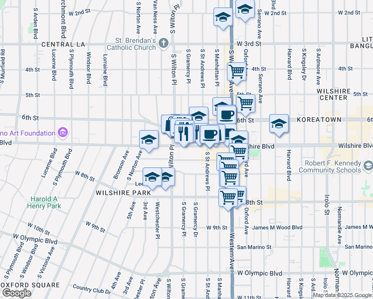 map of restaurants, bars, coffee shops, grocery stores, and more near 3921 Wilshire Boulevard in Los Angeles