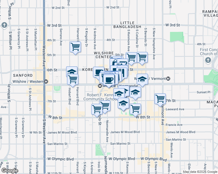 map of restaurants, bars, coffee shops, grocery stores, and more near 3450 Wilshire Boulevard in Los Angeles