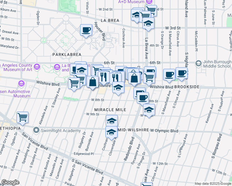 map of restaurants, bars, coffee shops, grocery stores, and more near 726 South Dunsmuir Avenue in Los Angeles
