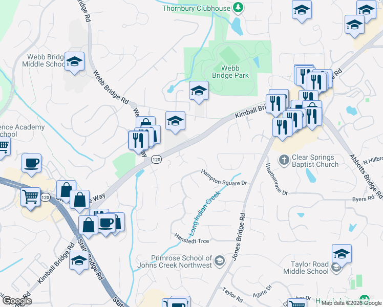 map of restaurants, bars, coffee shops, grocery stores, and more near 4722 Jordan Crossing in Alpharetta