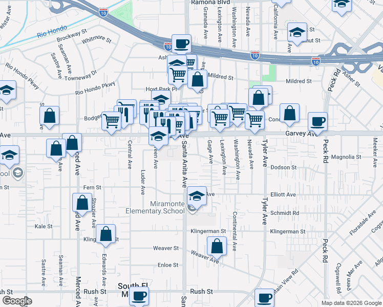 map of restaurants, bars, coffee shops, grocery stores, and more near 2732 Santa Anita Avenue in El Monte