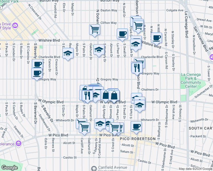 map of restaurants, bars, coffee shops, grocery stores, and more near 316 South Wetherly Drive in Beverly Hills