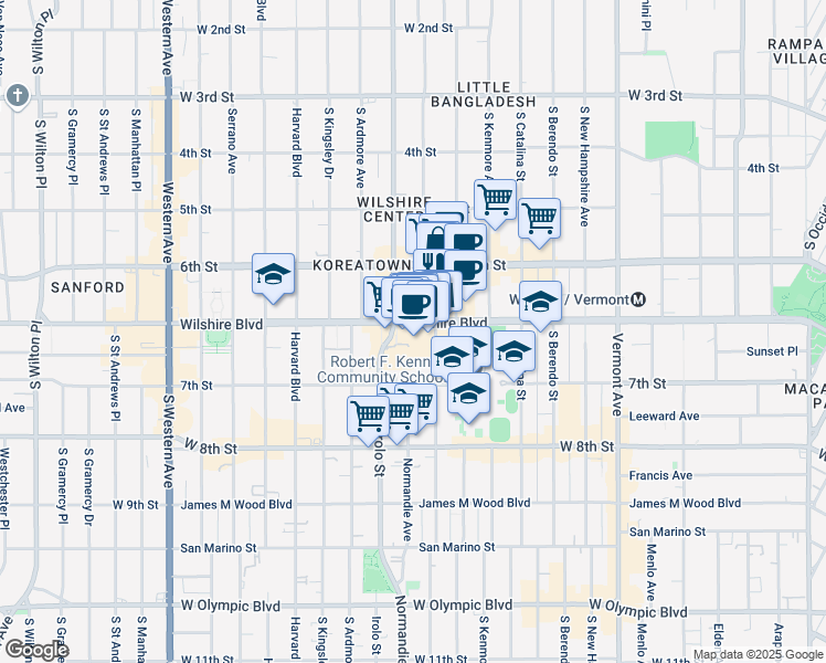 map of restaurants, bars, coffee shops, grocery stores, and more near 3450 Wilshire Boulevard in Los Angeles