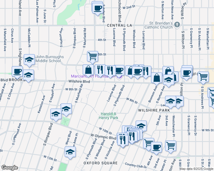 map of restaurants, bars, coffee shops, grocery stores, and more near 4444 Wilshire Boulevard in Los Angeles