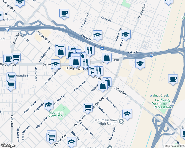 map of restaurants, bars, coffee shops, grocery stores, and more near Valley Boulevard & Allgeyer Avenue in El Monte