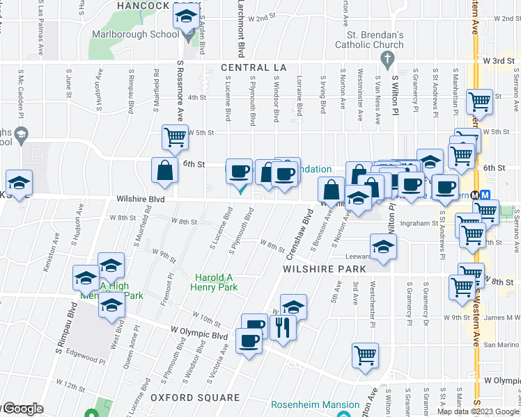 map of restaurants, bars, coffee shops, grocery stores, and more near 4322 Wilshire Boulevard in Los Angeles