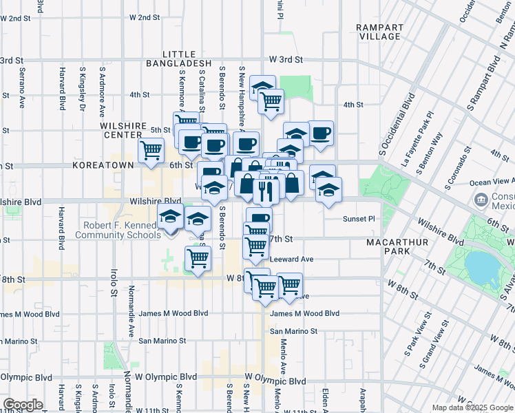 map of restaurants, bars, coffee shops, grocery stores, and more near 3200 Wilshire Boulevard in Los Angeles