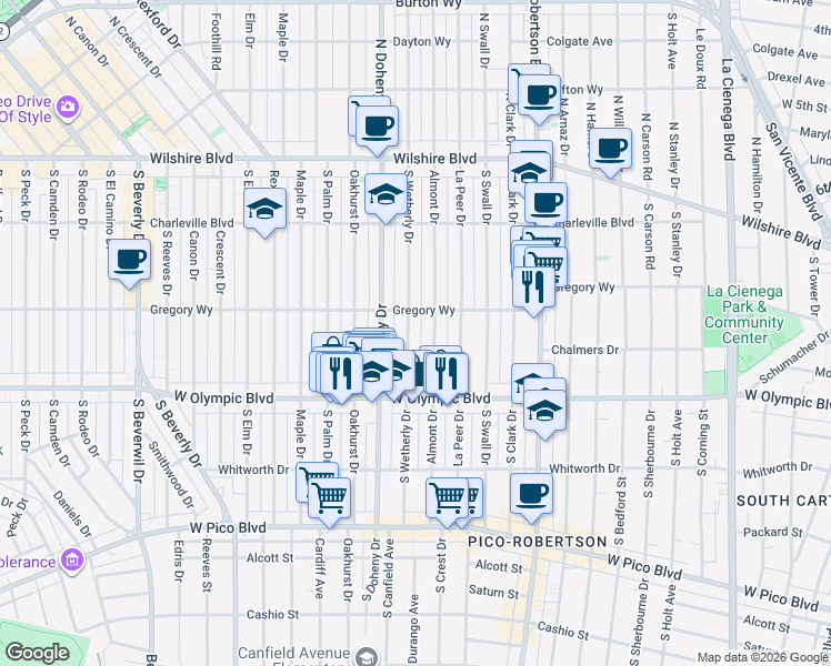 map of restaurants, bars, coffee shops, grocery stores, and more near 301 South Wetherly Drive in Beverly Hills